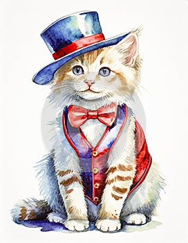 Adorable kitten wearing a vest, top hat, and bow tie for Independence Day