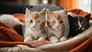 Adorable kittens cuddled up together in a cozy blanket fort. Orange, White and black Cats. photo