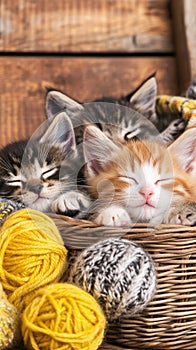 Adorable kittens sleep peacefully on and around soft yarn balls, creating a warm and inviting atmosphere perfect for cat photo