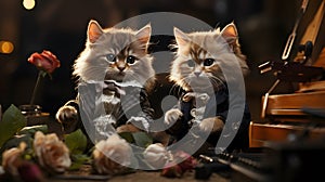Adorable Kittens: Talented Musician Pianist Duo in a Dark Room with Flowers Ai generated