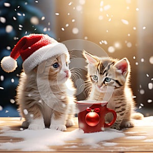Adorable kitties wearing red hat with red mug of hot chocolate.
