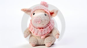 Adorable Knitted Pig Toy With Pink Hat And Scarf