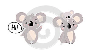 Adorable Koala Arboreal Australian Animal with Round Ears Saying Hi Waving Paw and Carrying Baby Vector Set