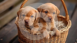 Adorable labrador retriever puppies sitting in a wicker basket. cute canine friends waiting for adoption. perfect for