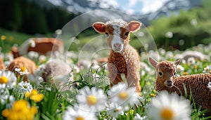 Adorable lamb holding a yellow flower in its mouth, standing in a sunlit field of wildflowers