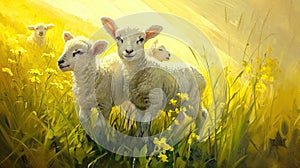 Adorable lambs on a green sunny meadow with flowers