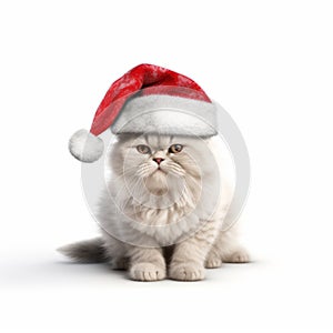 Adorable Lhasa Peru Cat Wearing Santa Claus Hat - Photorealistic 3d Rendering