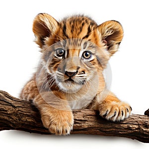 Adorable Lion Cub Resting on a Branch AI Generated