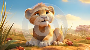 Adorable Lion in the Savannah Landscape - Playful and Delightfully Illustrative Depiction of the
