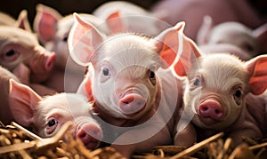 Adorable litter of piglets cuddling together a close-up of multiple baby pigs with pink snouts capturing the innocence of farm