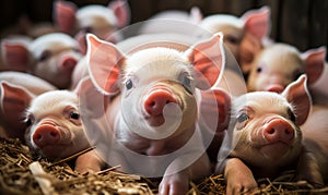 Adorable litter of piglets cuddling together a close-up of multiple baby pigs with pink snouts capturing the innocence of farm