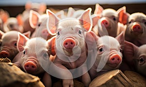 Adorable litter of piglets cuddling together a close-up of multiple baby pigs with pink snouts capturing the innocence of farm