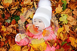 Adorable little baby girl in autumn park on sunny warm october day with oak and maple leaf