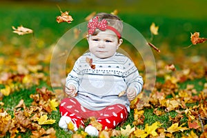 Adorable little baby girl in autumn park on sunny warm october day with oak and maple leaf