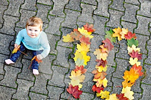 Adorable little baby girl in autumn park on sunny warm october day with oak and maple leaf. Fall foliage. Family outdoor