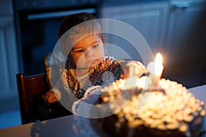 Adorable little baby girl celebrating first birthday. Child blowing one candle on homemade baked cake, indoor.