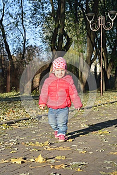 Adorable little baby girl walking in the autumn park