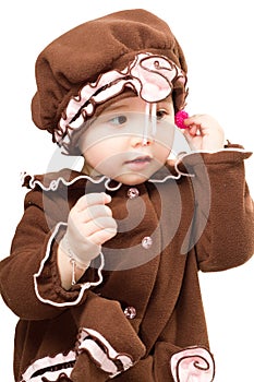 Adorable little baby girl on white background