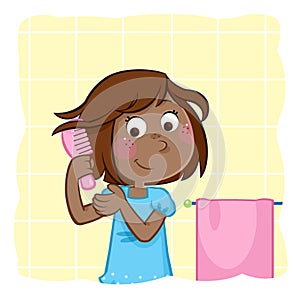 Adorable little black girl combing hair in the bathroom