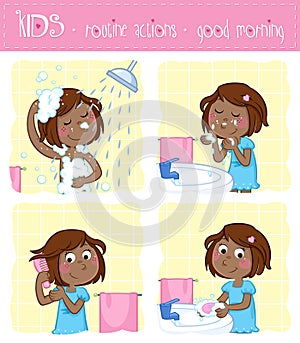 Adorable little black girl and her good morning routine actions