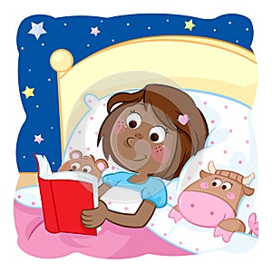 Adorable little black girl reading bedtime story to her funny toys