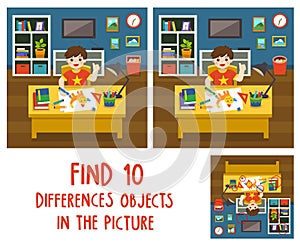 Adorable little Boy drawing the picture in living room. Find 10 differences objects in the picture.