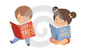 Adorable Little Boy and Girl Sitting with Open Book and Reading Fairy Tale Vector Set