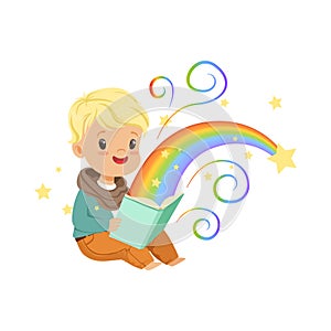 Adorable little boy reading magic book with fairy tales. Cartoon baby character. Children s imagination, rainbow and