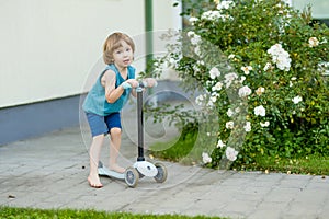 Adorable little boy riding his scooter in a back yard on summer evening. Young child riding a roller. Active leisure and outdoor