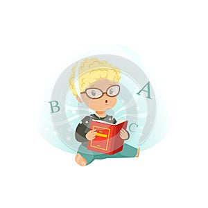 Adorable little boy sitting on floor surrounded by stars and reading educational magic book. Cartoon kid character in