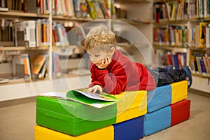 Adorable little boy, sitting in library, reading book and choosing what to lend, kid in book store