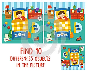 Adorable little Boy sleeping in the bed, good night and sweet dreams. Find 10 differences objects in the picture.