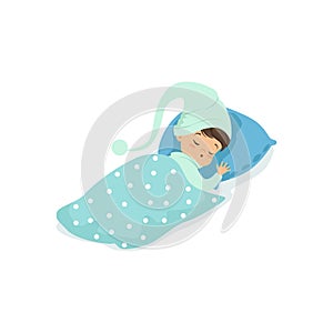 Adorable little boy sleeping on his bed wearing blue hat cartoon character vector illustration