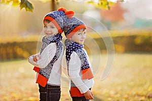 Adorable little brothers with teddy bear in park on autumn day