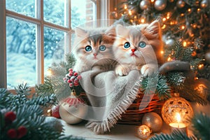 Adorable little cats in a Christmas basket.