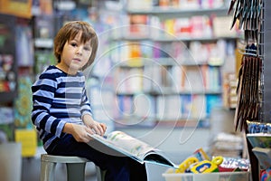 Adorable little child, boy, sitting in a book store