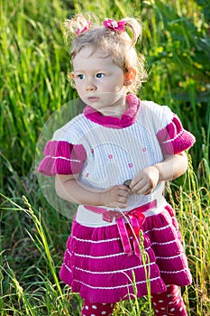 Adorable little child girl on grass on meadow. Summer green nature background.