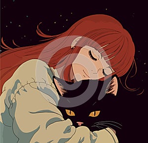 Adorable little cute girl child is sleeping with her big black cat with yellow eyes