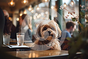 Adorable little dog at cafe waiting his owner