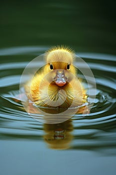 Adorable little duck enjoying a bath in pond with ample space for text - vertical photo