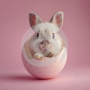 Adorable little easter rabbit inside an easter egg on pink background