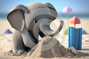 Adorable Little Elephant Building a Sandcastle at the Beach