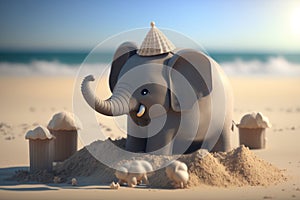 Adorable Little Elephant Building a Sandcastle at the Beach