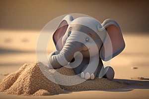 Adorable Little Elephant Building a Sandcastle at the Beach