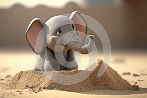 Adorable Little Elephant Building a Sandcastle at the Beach
