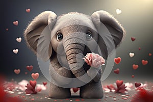 Adorable little elephant with flowers for Valentine\'s Day