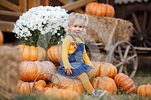 Cute little girl having fun with huge pumpkins on a pumpkin patch.