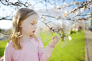 Adorable little girl in blooming apple tree garden on beautiful spring day