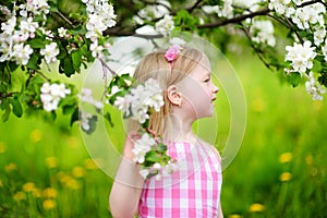 Adorable little girl in blooming apple tree garden on beautiful spring day