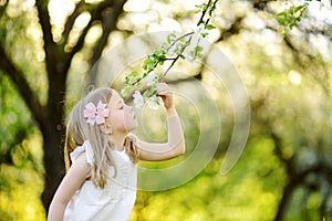 Adorable little girl in blooming apple tree garden on beautiful spring day.